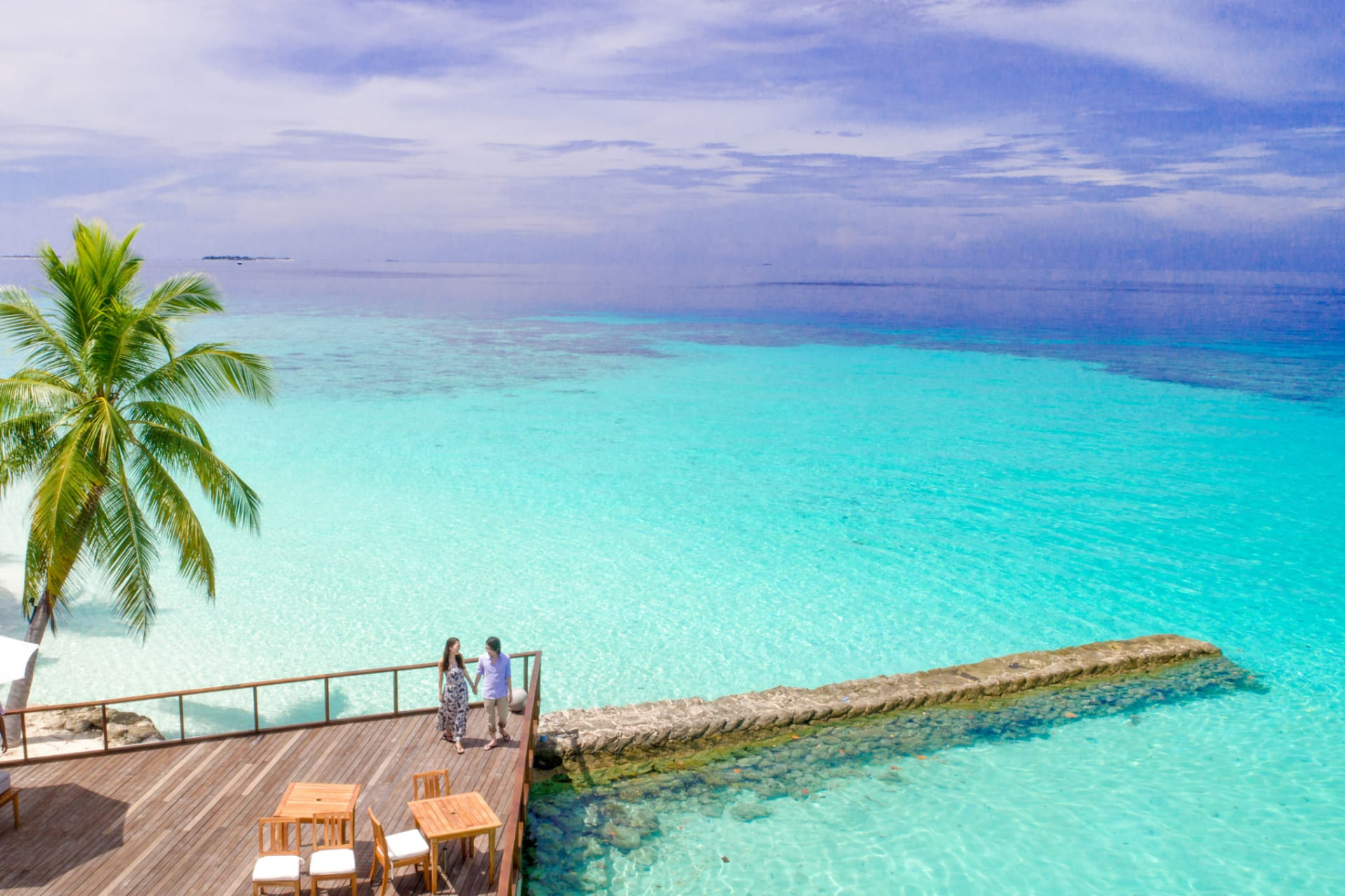 Turquoise tropical sea with a palm tree and overwater deck